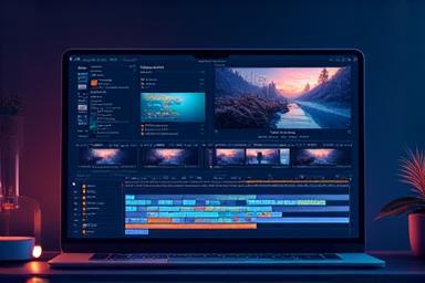 Advanced video editing software interface with timeline and effects panel