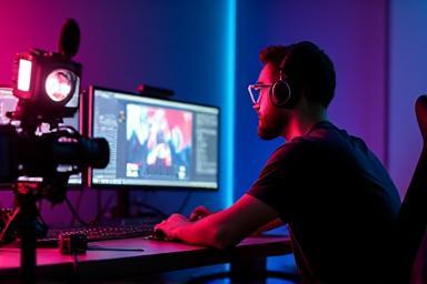 Content creator live streaming from a well-equipped home studio with camera, lights, and computer