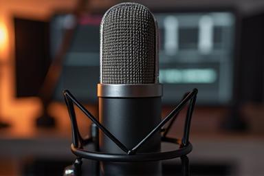 Close-up of a professional podcast microphone in a home studio setting