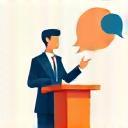 Icon representing public speaking with a figure at a podium and speech bubble